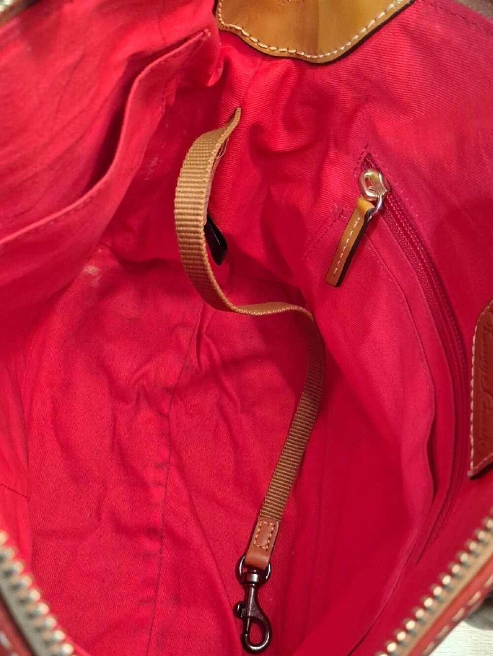 Dooney & Bourke Charli Red Leather Satchel with Brown Trim and Handles - Picture 12 of 14